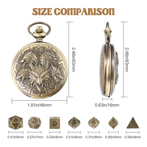 D&D Dice Set,7PCS Metal Dice for Dungeons and Dragons,Mini Dice Set with Pocket Watch Case,Role Playing Board Games Accessories (Dragon, Bronze)