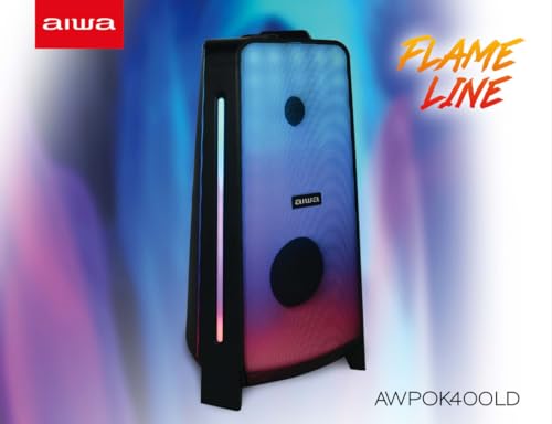 Aiwa Bocina Portátil Recargable 50W RMS, Bluetooth 5.3 con TWS, Doble Woofer de 5", Luces LED, Super Bass, Radio FM, Doble Entrada para Micrófono Karaoke, Pantalla LCD, Modelo AWPOK400LD Color Negro