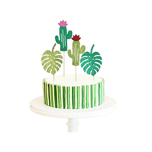 JANOU Green Cactus Tropical Palm Leaves Glitter Cake Toppers Cupcake Picks Cake Decoration for Wedding Birthday Luau Party Decoration Pack 12pcs