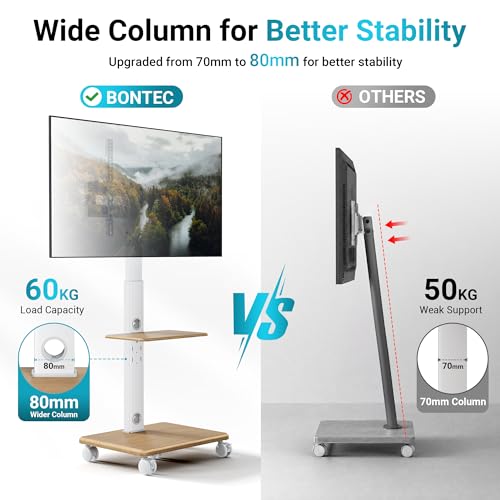 BONTEC TV Stand with 5 Castors and Wooden Base, Universal TV Stand for 32-80 Inch TVs, VESA 600 x 400 mm, 60 kg, Adjustable Height 1210-1500 mm, Tilt, Swivel, No Drilling Required