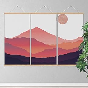 3 Panel Hanging Poster Wooden Framed Sun and Mountain Home Wall Canvas Prints Ready to Hang - 18"x36"x3 Panels