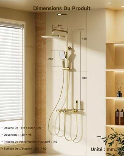 Shower Column,Brushed Gold 4 in 1 Shower Column Set,300x180mm Square Rainfall Shower Head,3 Modes Hand Shower,360° Shower Head,Rain Shower with Accessories