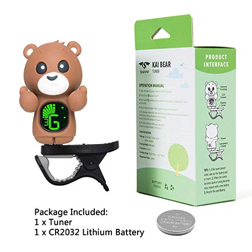 Clip On Cartoon Bear Guitar Tuner For All Instruments, Ukulele, Guitar, Bass, Mandolin, Violin, Banjo, Large Clear LCD Display For Guitar Tuner (Brown)