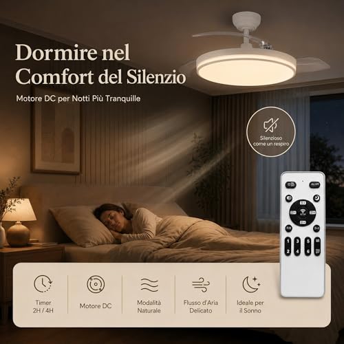 MARSI Ceiling Fan with LED Light 106 cm, Invisible Retractable Blades, Silent Fan with RF Remote Control, Reversible DC Motor, 6 Speed, Dimmable LED, for Bedroom and Living Room