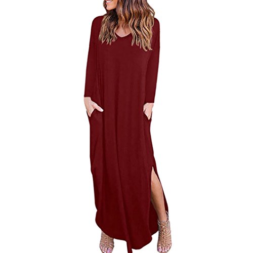 Kimloog Women's Short Sleeve Summer Casual Loose T-Shirt Long Maxi Dress Side Split Beach Sundress (S, Wine Red)