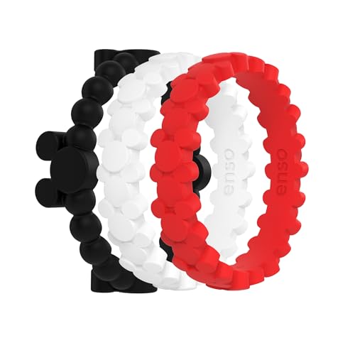 Enso Rings Disney Collection Silicone Ring for Hands – Stackable Classic Wedding Bands – Mickey Mouse Bundle - Obsidian (Beaded)& White/Bright Red (On Repeat) - Size 12 at Amazon