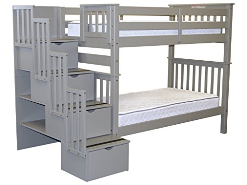 Bedz King Tall Stairway Bunk Beds Twin over Twin with 4 Drawers in the Steps, Gray