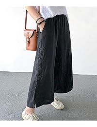 Pantalones de lino y algodón para dama con botones laterales y bolsillo