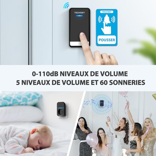 TECKNET 400M Wireless Doorbell Waterproof IP65 Kit of 1 Chime and 2 Plug-in Receiver with Charging Function and LED Light, 60 Melodies 5 Level Volumes, for Home, Office - Black