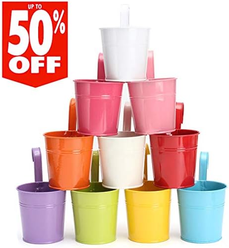 king do way Metal Flower Pot with Datachable Handle and Drainage Holes Vintage Style Hanging Planter Pot Balcony Garden Decor (5 PCS)