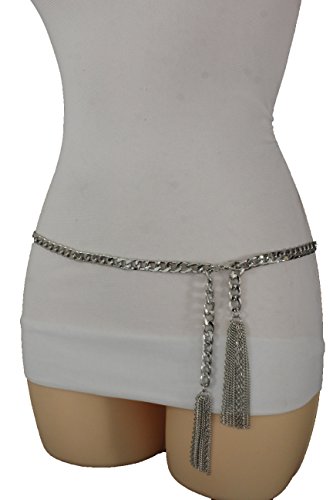 TFJ Women Fashion Metal Chains Belt Hip Waist Wrap Around Fringes Plus M L Silver