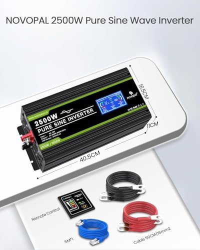 NOVOPAL Pure Sinus 2500W Converter Transformer 12V 220V 230V with Remote Control and Dual AC Sockets and LCD Screen, for Car, Caravan, Boat, Camping, Travel