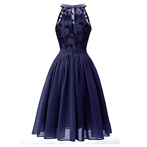 DEATU Princess Lace Dress Women Vintage Floral Cute Lace Cocktail Neckline Ladies Party Aline Swing Sleeveless Dress(B-Navy,S)