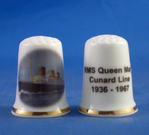 Porcelain China Collectable Thimble - RMS Queen Mary Cunard Line -- Free Gift Box