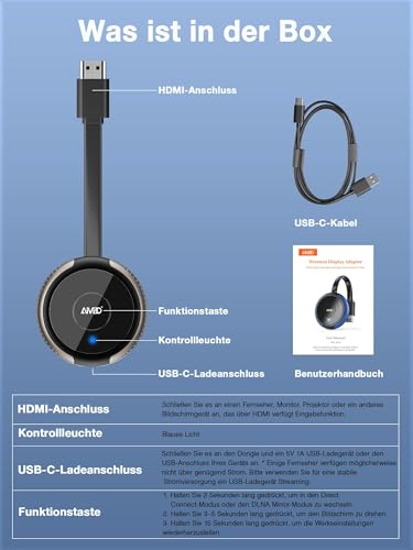 AIMIBO Dongle 4K Wireless Display Dongle – Auténtico Plug & Play, 2,4G y 5G HDMI Wireless Dongle para i*OS/Android/Windows/Mac OS Phone Laptop a TV/Monitor/Proyector, compatible con Airplay DLNA