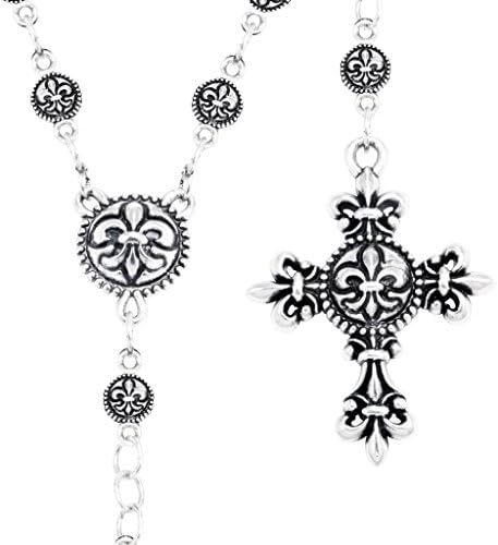 Rosary Necklace with White Color Beads and Fleur De Lis Cross
