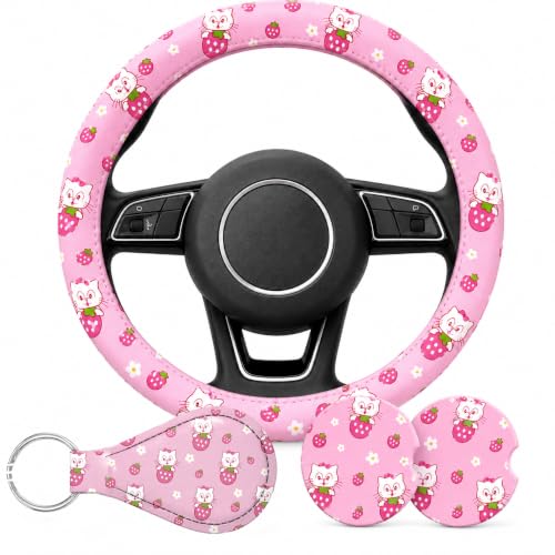 Strawberry Pink Cat Steering Wheel Cover
