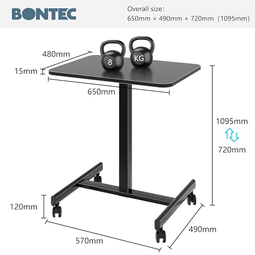 BONTEC Mobile Standing Desk, 65 x 48 cm, Height Adjustable Bed Table, 72-110.5 cm, Rolling Table with 4 Lockable Wheels, Laptop Table for Bedroom, Living Room, Office from Home