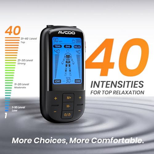 AVCOO 3-in-1 TENS Machine with 30 Modes, 40 Intensities EMS Muscle Stimulator for Gradual Back Pain Relief Therapy, Rechargeable TENS Unit with 12 TENS Machine Pads, a Storage Bag