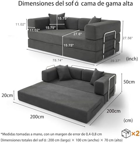 200cm Sofá Cama 3 Plazas con Espuma y Muelles para Salón,Gris