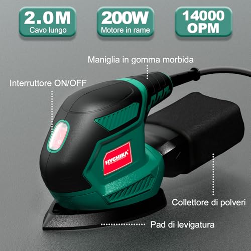 HYCHIKA Wood Sander, 200W Mouse Sander, 14000RPM with Dust Collection, 12pcs Sanding Cards (240/120/80 Grains, for Multiple Angles, Wood, Metal, Electric Cable