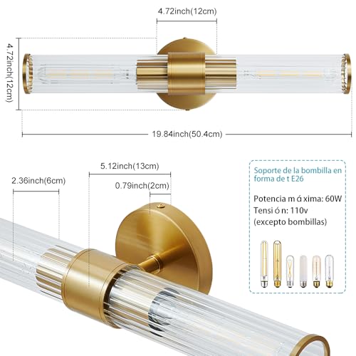 Deyidn Lámpara de pared dorada, lámpara de espejo de maquillaje de baño de vidrio roscado, lámpara de pared moderna de 19,84 pulgadas