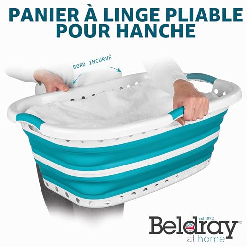 Beldray Hip Hugger 37L Laundry Basket, Foldable and Lightweight Laundry Basket, Ergonomic Basket Space-Saving and Portable, Includes Air Holes and 3 Ergonomic Handles, Turquoise
