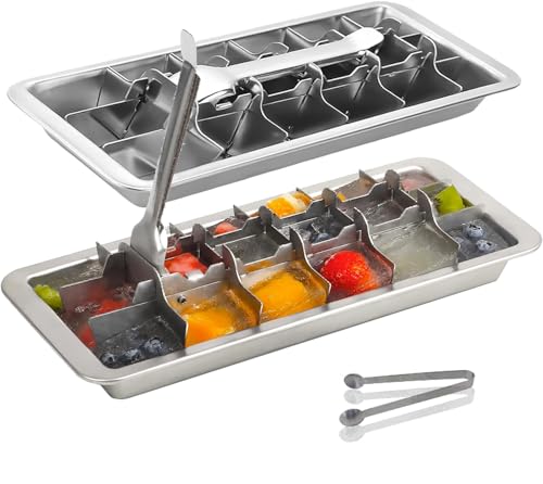 GHAHILI Stainless Steel Ice Cube Trays, Metal Ice Cube Trays for Freezer Vintage Inspired Design with Release Lever Remove Handle for Making Large Cubes Kitchen & Bar (2 Pcak)