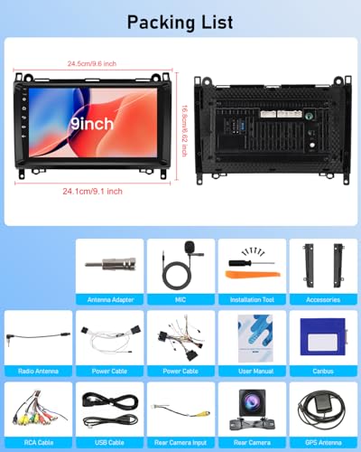 2G+64G Car Radio for Mercedes Benz A/B/V Class W169 B200 W639 W245 Vito Viano Sprinter - Wireless Carplay and Android Auto - 9 Inch Android Car Radio with WiFi GPS FM RDS + Rear View Camera