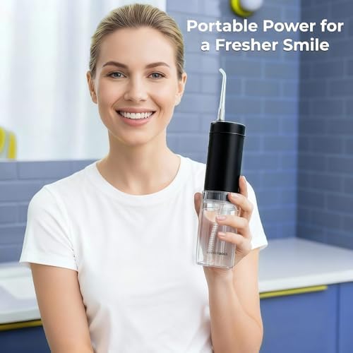 Tragbare Munddusche, kabelloses Mundduschegerät für Reisen, 3 Druckstufen, 6 Aufsätze, IPX8 Teleskop-Wassertank, USB-C wiederaufladbare Taschen-Munddusche, QR-7112 (Schwarz)