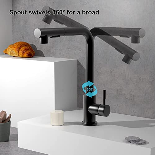 EYSCOTA Küchenarmatur, Spültisch-Mischbatterie aus massivem Messing mit Pull-Down-Sprayer, Einhebel-Einloch-360 ° -Spültischarmatur kalt und heiß, mattschwarz