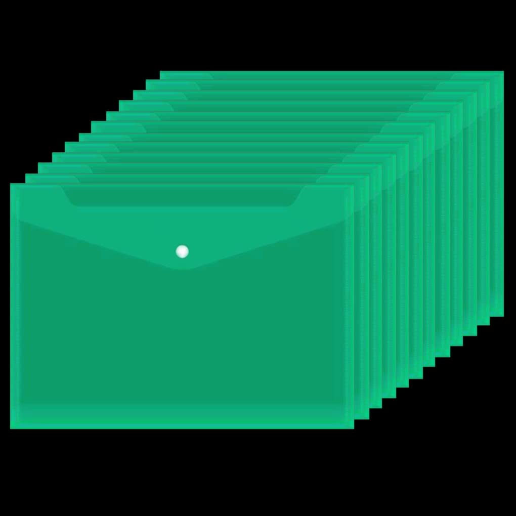 Plastic Wallets Folder - 12 Pack A4 Clear Document Folders Plastic Popper Wallet with Button Closure (Green)