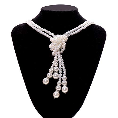 Haluoo Luxurious Multilayered Pearl Statement Necklace,Chunky Freshwater Pearl Knot Pendant with Long Pearl Chain Tassel Choker Necklace for Women Wedding Jewelry Dinner Dress Accessories (White)