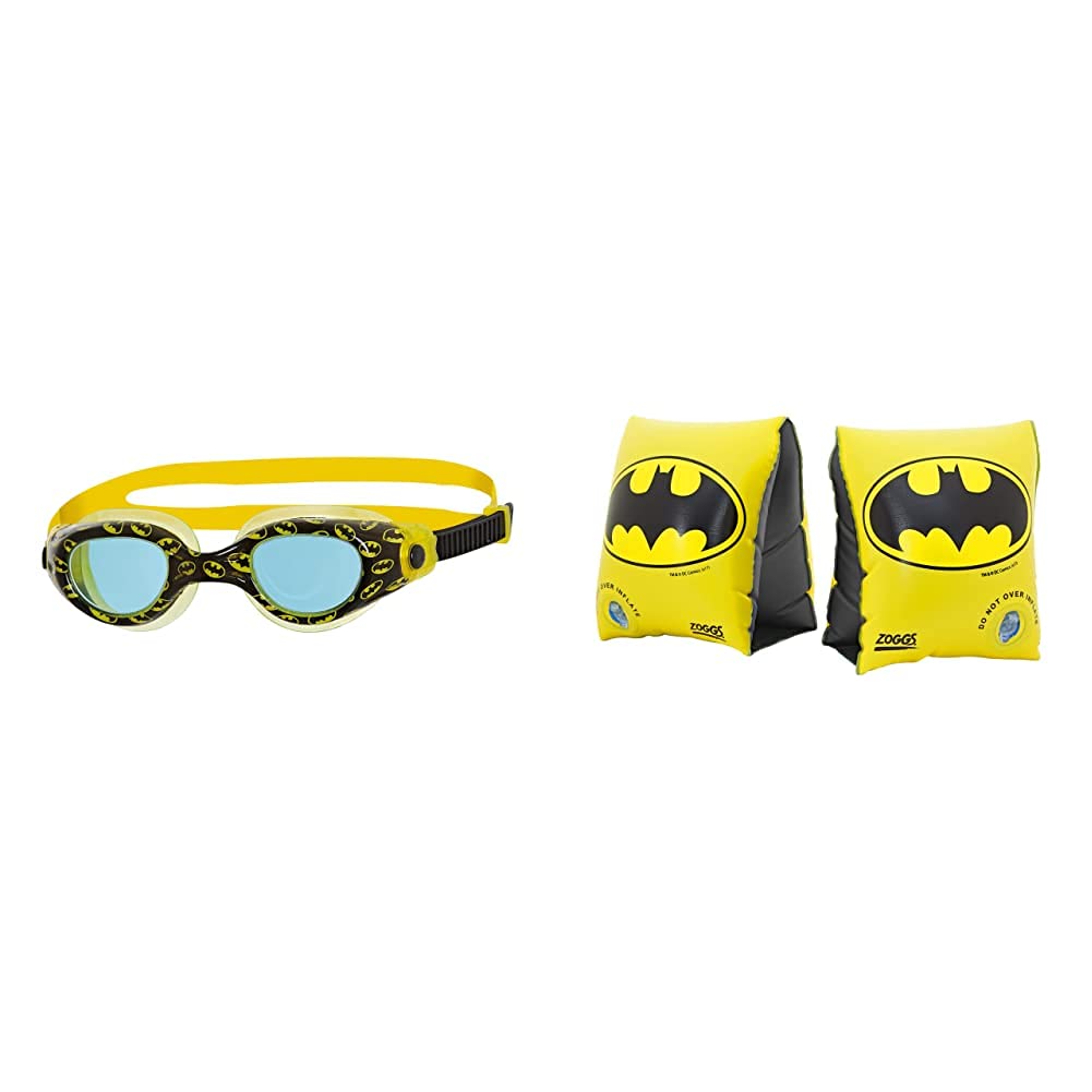 Zoggs Kids' DC Super Heroes Batman Printed Swimming Goggles, Black/Yellow/Blue, 0-14 Years & Kids' DC Super Heroes Inflatable Swimming Armbands, Batman, Wonder Woman, Superman, Black/Yellow, 2-6 Years