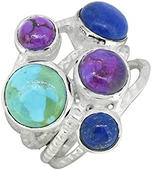 YoTreasure Turquoise Lapis Multi Gemstone Ring Solid 925 Sterling Silver Jewelry