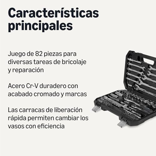 - Juego de 82 llaves de vaso con llaves de carraca, extensores y brocas, incluye maletín de almacenamiento