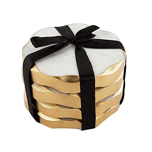 James Scott Real Marble Coasters Set of 4 - Round Design with Gold Edges