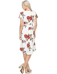 SHOPGLAMLA Vestido midi de bolsillo con manga corta acampanada con cuello redondo y estampado floral. Hecho en EE.UU