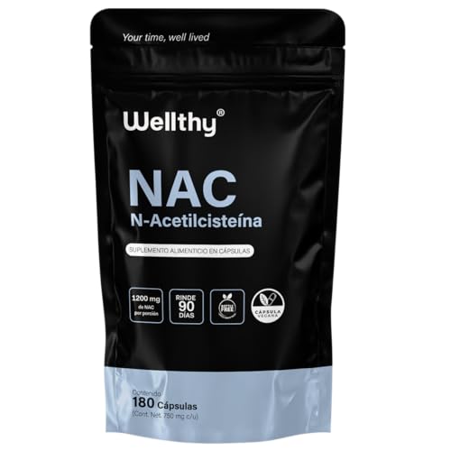 Wellthy NAC N-Acetilcisteína 180 Cápsulas. 1200mg por Porción, VCaps Cápsulas Veganas, Bottle Free.
