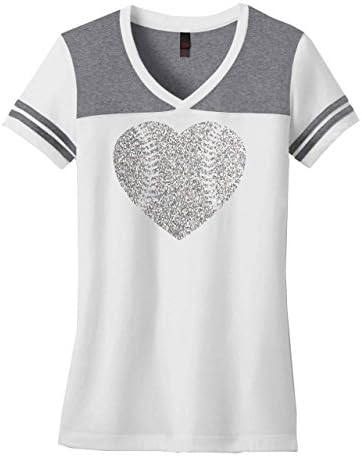 Baseball Laces Silver Glitter Heart Varsity V-Neck T-Shirt 2XL White