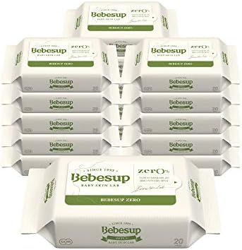 BEBESUP Zero Premium Baby Wipes for Sensitive Skins | Plain Fabric | Unscented | Free of Alcohol, Paraben, Phenoxyethanol, Perfume, CMIT | Made in Korea (Travel Size, 16 Pack, 320 Count)