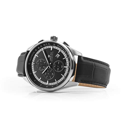 LOUIS-XVI-Herren-Armbanduhr-Varennes-Silber-Schwarz-Chronograph-Analog-Quarz-echtes-Leder-Schwarz-918