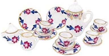 Twenis 1/12 Dollhouse Miniature Tea Set in 15 Pcs, Blue and Pink Flower Porcelain Chintz Tea Cup Set