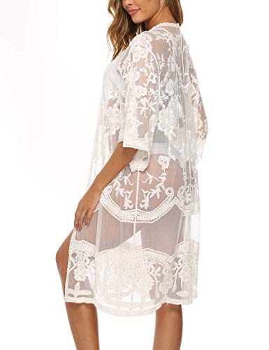 Womens White Lace Cover Up Kimono Cardigan Half Sleeve Summer Sheer Beachwear