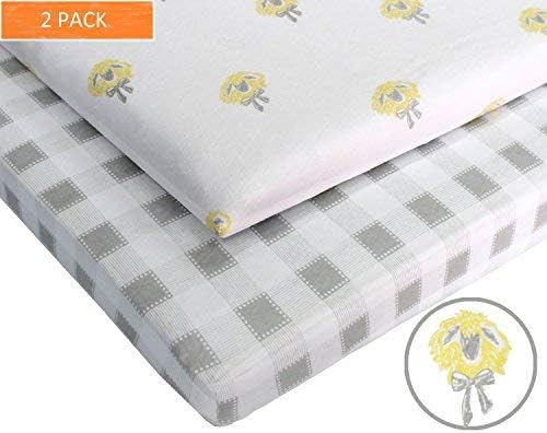 Pack N Play Sheets for Portable Playard Mini Crib Mattress (2 Pack) Baby Boy and Baby Girl Farm Designs (Gray and White Gingham and Yellow Sheep) by Hartley Ash Machine Washable