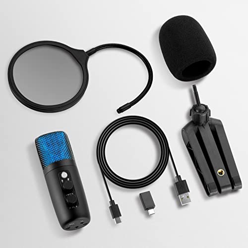 Micrófono Condensador USB+Tipo C, Micrófono de Computadora RGB con Filtro Pop y Trípode Adecuado para Windows, Mac OS, Linux, PC, Micrófono Multifuncional para Podcasts, Videoblog, Gaming, Streaming