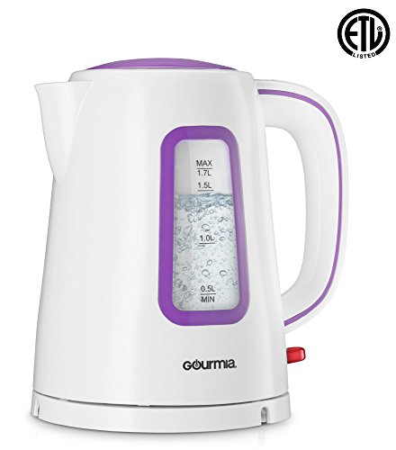 Gourmia GK220 Supreme Electric Tea Kettle - Cordless - Speed Boil - Auto Shutoff - Boil Dry Protection - Concealed Heating Element - 360Â° Swivel Base - 1.7L - 1500 Watts - 110/120V - White/Purple