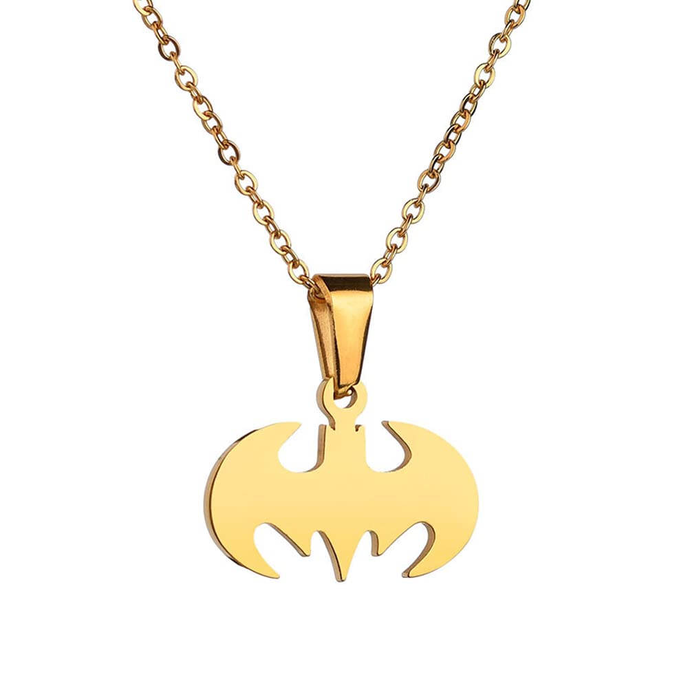 GulCean Bat Pendant Necklace for Men Women Stainless Steel Gold Silver Lightweight Fashion Anime Goth Cool Hippie Bat Man Necklace Cosplay Jewelry Gift (Gold)