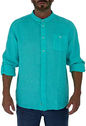 Short Fin Men's Long Sleeve Linen Shirt with Mandarin Style Round Collar