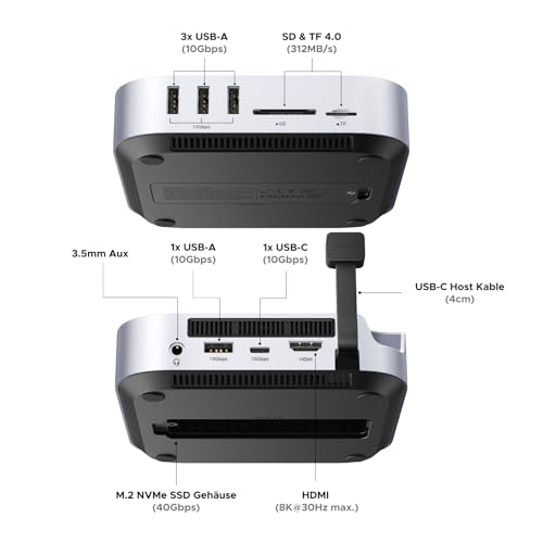 UGREEN Mac mini M4 Dock 40Gbps M.2 NVMe SSD Gehäuse, 5X 10Gbps USB-Anschlüsse, Docking Station mit HDMI(8K@30Hz max.) für Dual Display, SD/TF 4.0 & 3,5mm Aux – Kompatibel mit Mac mini M4/ M4 Pro 10